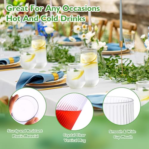 48 Pcs Plastic Wine Glasses Disposable Ribbed Cocktail Cups Set 12 OZ Unbreakable Stemless Champagne Flutes 9 OZ Origami Shatterproof Reusable Clear Party Cup for Wedding, Home, Office, Bar, Drinking