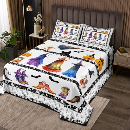 Witch Pumpkin Lantern Bedspread Queen Size Bedding for Teens Living Room Happy Halloween Decor Coverlet Set Gothic Style Cartoon Quilt Set for All Season,3 Pcs with 2 Pillowcases