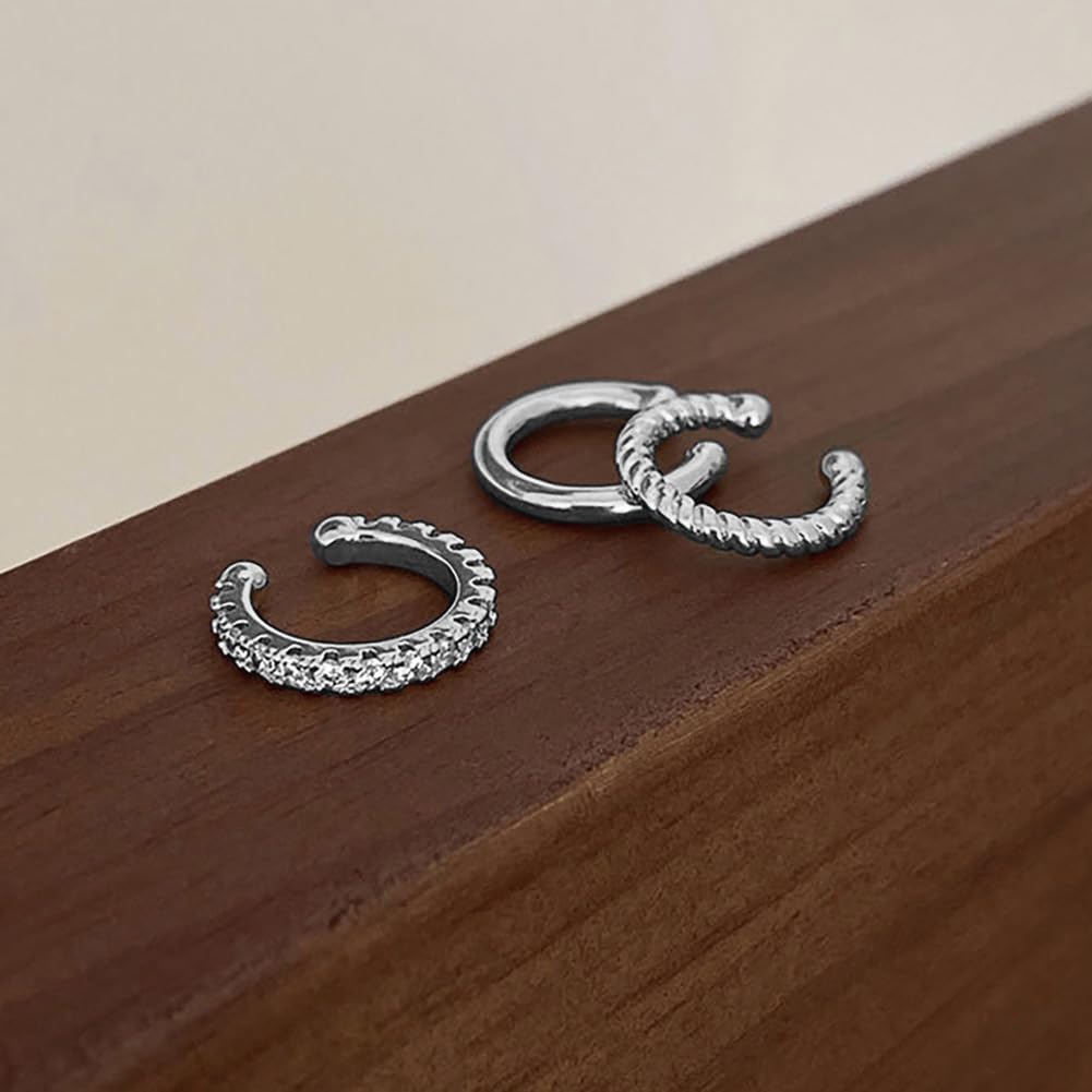 3PCS Ear Cuff Silver Cuffs Earrings for Women Teen Trendy Non Piercing Hypoallergenic Cubic Zirconia Earrings Set Jewelry Gifts - Silver