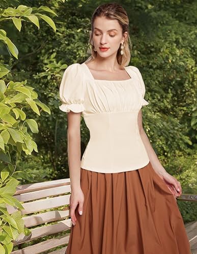 Womens Victorian Shirts Vintage Square Neck Ruffle Short Puff Sleeve Top Apricot M