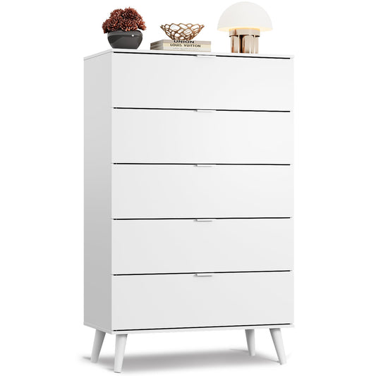 WLIVE 5 Drawer Dresser for Bedroom, Tall Wood Dresser, White Dressers Storage Organizer with Sturdy Metal Handle, Chest of Drawers for Living Room, Hallway, Closet