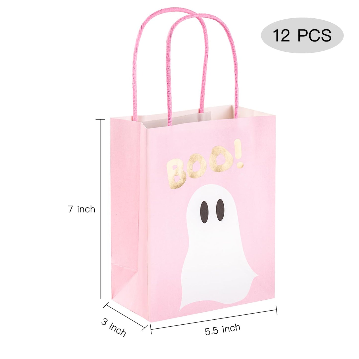 WRAPAHOLIC 12 Pack 7" Small Halloween Kraft Paper Gift Bags - Gold Foil Boo and Pink Ghost Gift Bag for Baby Shower, Holiday, Party Gift Wrap