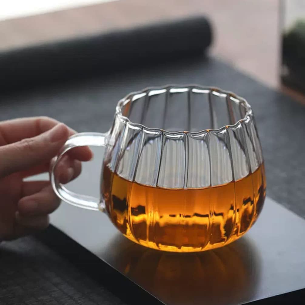 2Pcs Transparent Glass Pumpkin Mugs with Handle, 12oz Heat-Resistant Clear Coffee Tea Milk Cups, Borosilicate Glass Drinking Cups for Home, Office, Microwave Safe