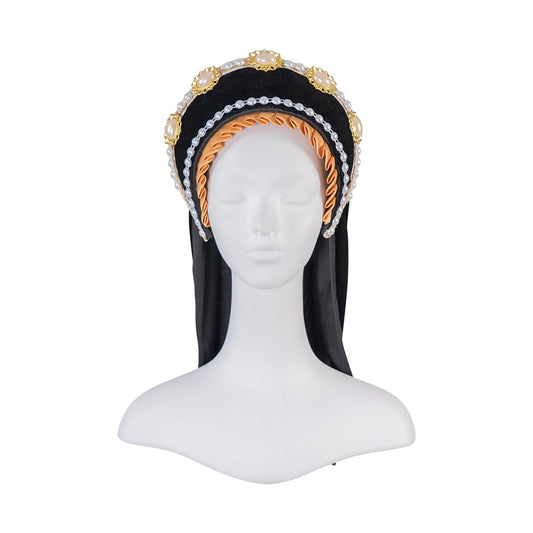 Willyacos Tudor French Hood Anne Boleyn Costume Headpiece Elizabethan Headwear Renaissance Tudor Hat Headdress Headband (Black, One size)