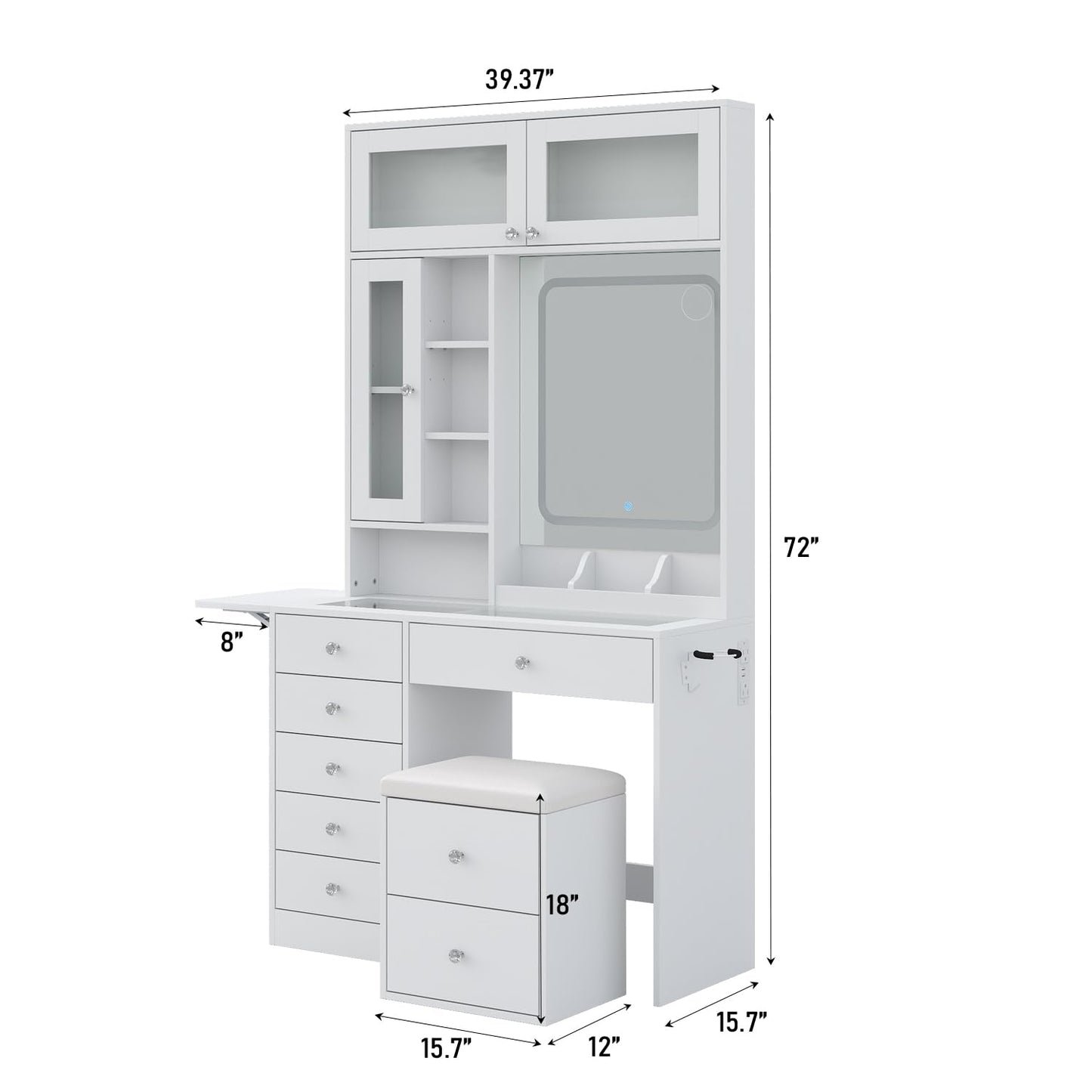 Yanosaku Vanity Desk with LED Mirror, 8 Drawers Makeup Vanity with 7 Shelves & 3 Cabinets, Fold-up Panel & Storage Stool, Dressing Table with Power Outlet, Glass Top Vanity Set for Bedroom, White