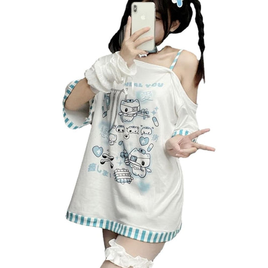 Y2k Harajuku Cartoon Print T Shirts Gothic Women Japanese Fashion Patchwork Off Shoulder T Shirt Kawaii Sweet Tees Tops (White,Small,Small)