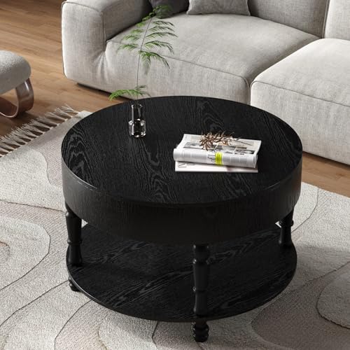 31.5" Round Wood Coffee Table with Hidden Storage, 2 Tier Modern Farmhouse Coffee Table with Open Bottom Shelf & Sturdy Carved legs, Rustic Circle Wooden Coffee Center Tea Table for Living Room, Black