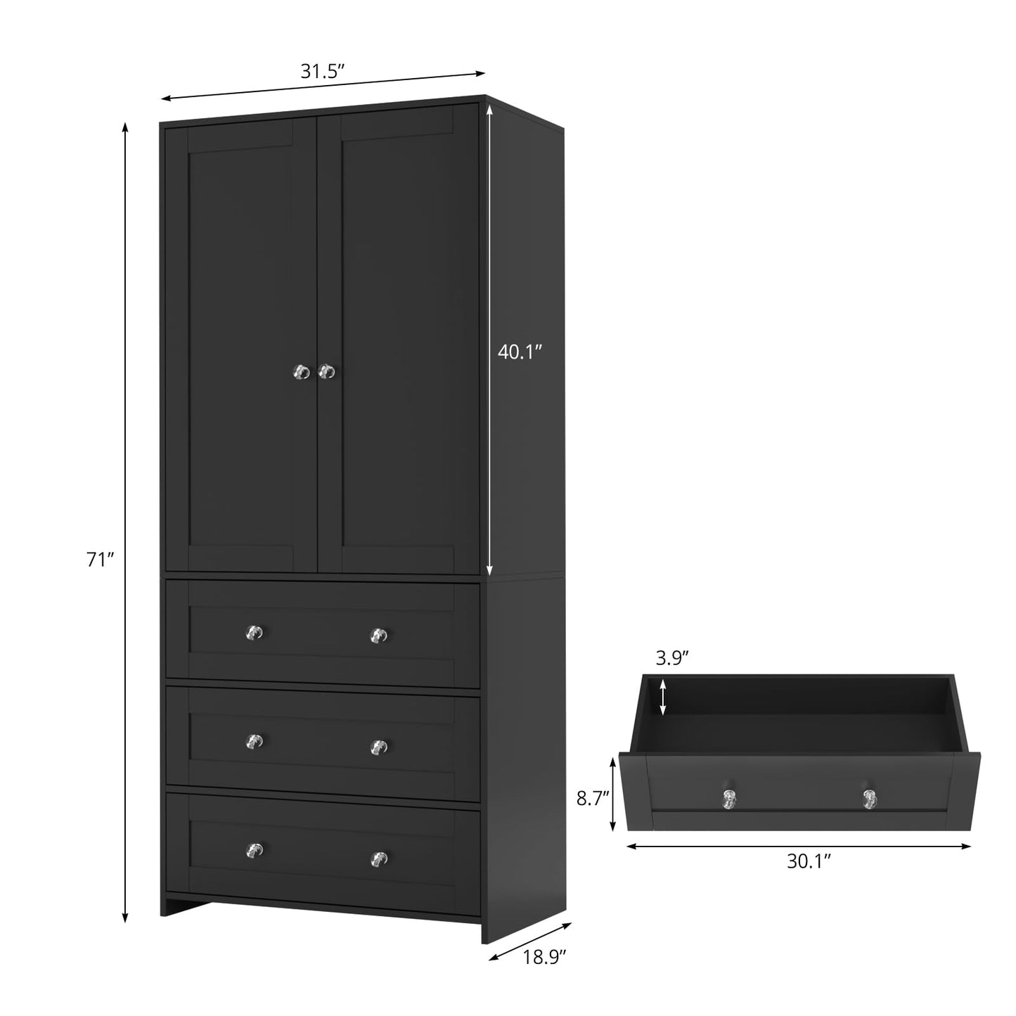 VOWNER Armoire Wardrobe Closet with Drawers and Mirror, 71" Clothing Storage Cabinet with Hanging Rod, 2 Doors Wooden Wardrobe Cabinet for Bedroom, Large Capacity Storage,Black