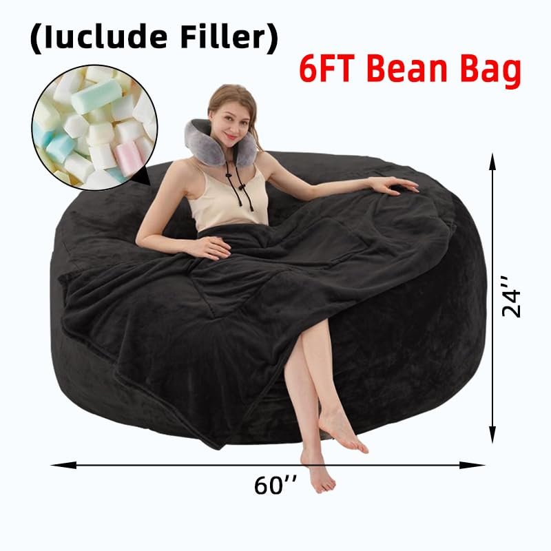 6FT Bean Bag Chairs for Adults，beanbag Chair with Filler，Memory Foam Chair，Extra Large Bean Bag，Leisure Reading Chair Suitable for Living Room, Bedroom and Dormitory. (Black, 6FT)