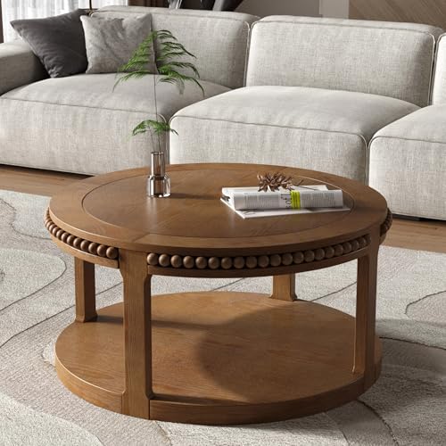 31.5" 2 Tier Round Wood Coffee Table with Open Storage Shelf, Modern Farmhouse Circle Center Table with Delicate Beaded Trim Edges & Sturdy Legs, Wooden Coffee Tables for Living Room, Walnut Brown