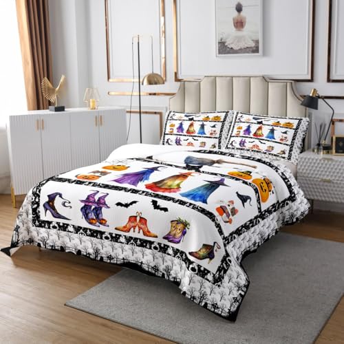 Witch Pumpkin Lantern Bedspread Queen Size Bedding for Teens Living Room Happy Halloween Decor Coverlet Set Gothic Style Cartoon Quilt Set for All Season,3 Pcs with 2 Pillowcases