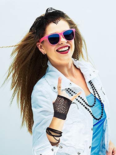 80s Fancy Dress Costume Accessories Lace Headband Earrings Fishnet Gloves Necklace Bracelet for 80s Retro Party (Black)