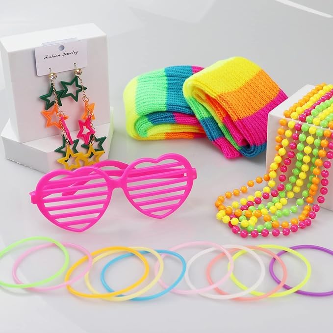 80s Costume Neon Outfits Accessories Set Women Fancy Dress Rainbow Tutu Leg Glove Necklace Headband Earring Glasses