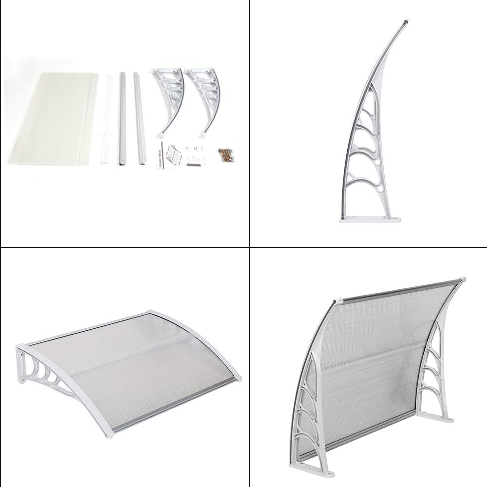 Window Awning Door Canopy, Modern Polycarbonate Front Door Canopy, Patio Awning Canopy Window Door Cover for Rain Snow Sunlight Protection Hollow Sheet (40" x 32", Clear Canopy/White Bracket)