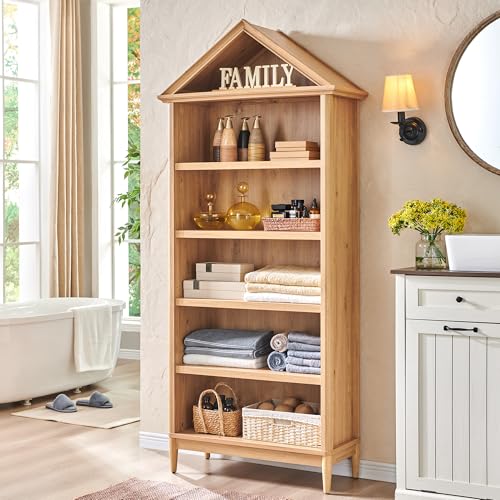75.9" Tall Angled Arch Bookshelf, 5 Tiers Geometric Large Bookcase with Storage, Modern Triangular Top with Adjustable Shelves, Wood Cabinet w/Open Display Shelves for Living Room, Office Natural