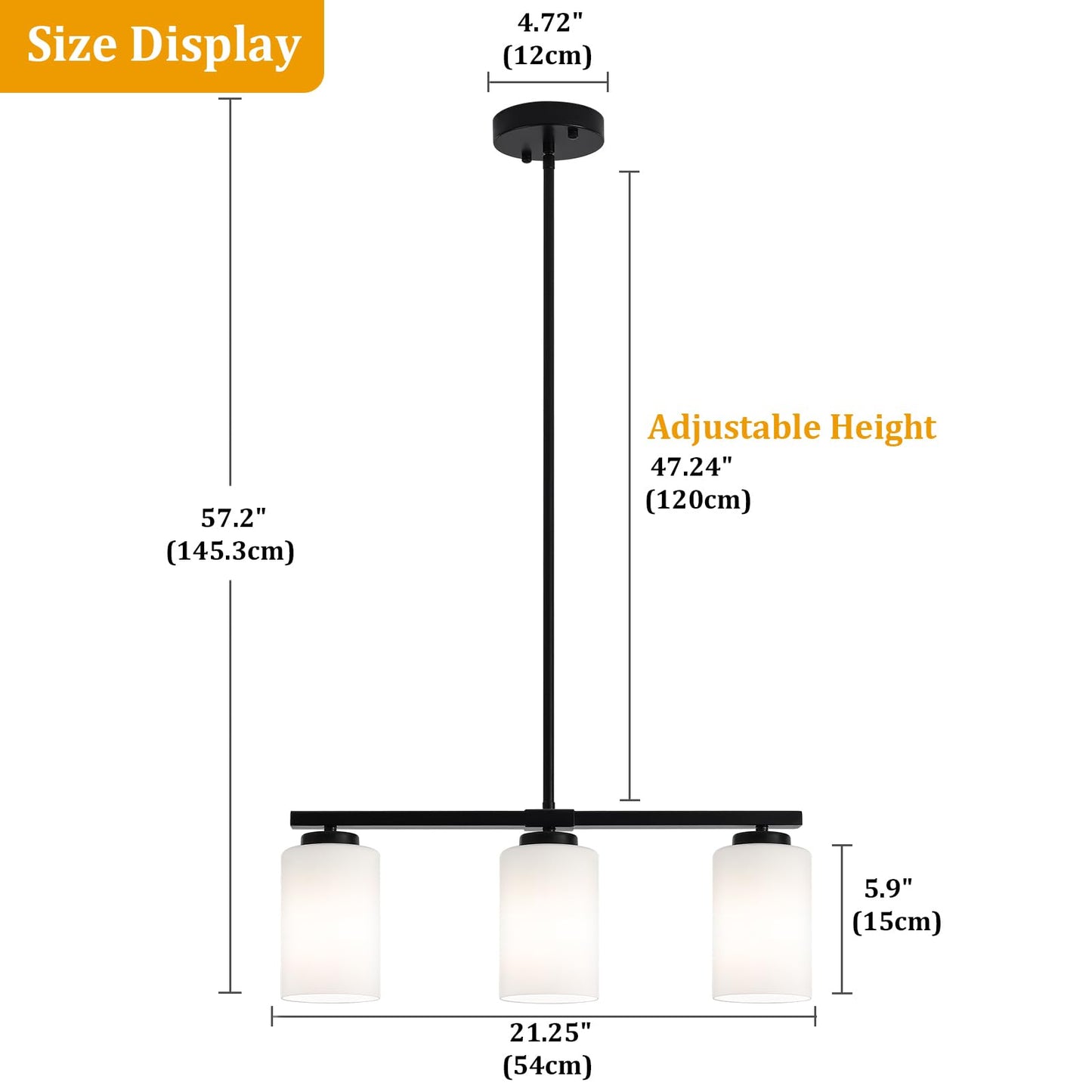 21.25'' Kitchen Island Light Fixtures, 3-Light Modern Dining Room Light Fixture, Black Pendant Lights with Milk Glass Shade, Linear Chandelier over Dining Table Lighting with Adjustable Rod, UL Listed