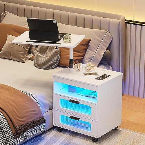 WOOVIVS LED Night Stand with Charging Station, Smart Nightstand wiht Human Body Lights, Modern Bedside Table has Adjustable Rotary Workstation/2 Drawers/Wheel for Bedroom/Livingroom (White)