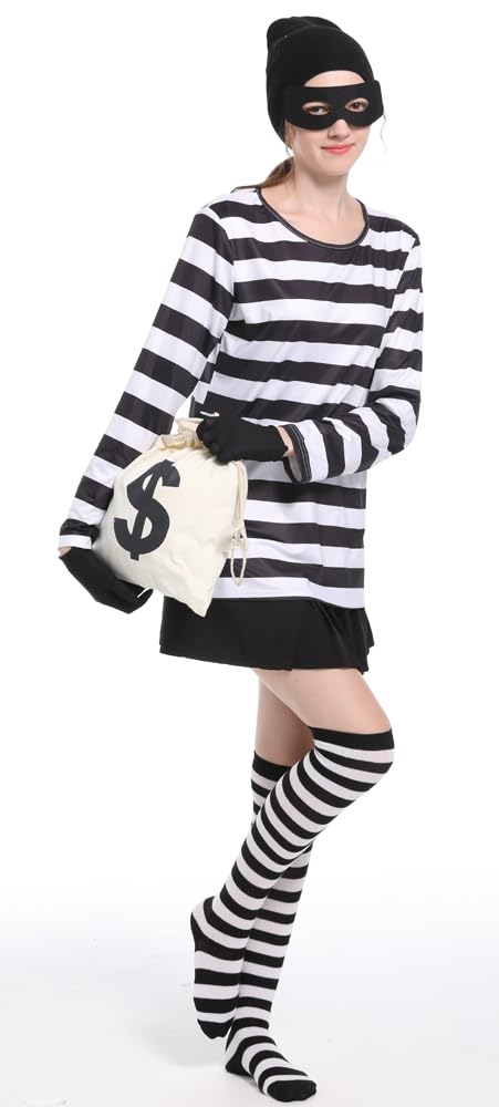 Women's Robber Costume Set Halloween Cosplay Costumes Thief Accessories Black and White Striped T-shirt (L)