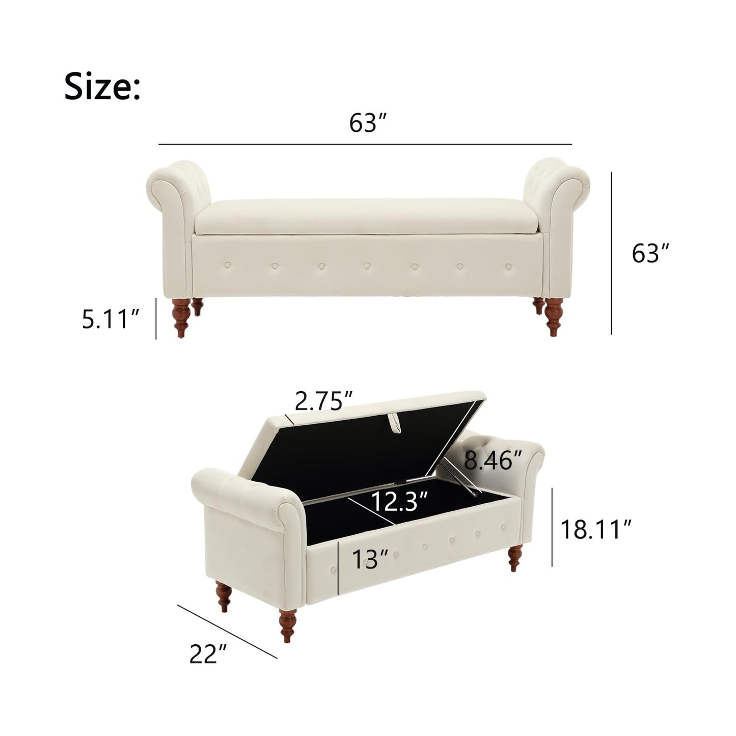 Virabit 63'' Storage Ottoman Bench for Bedroom, End of Bed Bench with Arms, Velvet Storage Bench with Button for Entryway, Living Room,Hallway, Large Organizer Bench Foot Rest (Beige)