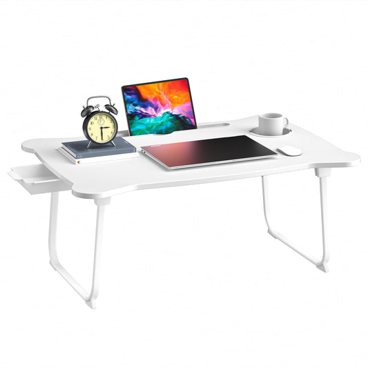 Washranp Laptop Desk for Bed Lap Bed Table Folding Couch Laptop Lap Desk with Storage Drawer, Cup Holder & Tablet Slot Foldable Breakfast Tray Portable for Reading Writing, Sofa & Floor White