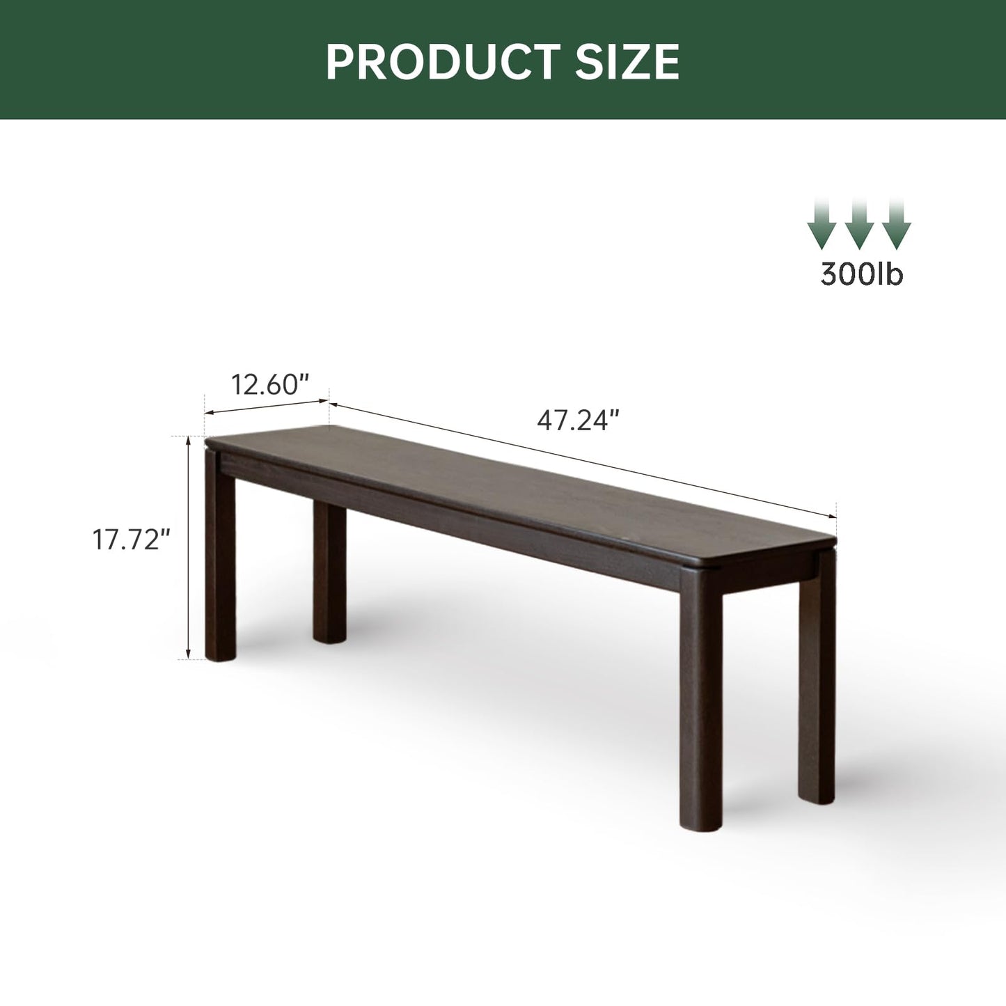 Wayshome 47.2'' 100% Solid Wood Dining Bench, Oak Wood Long Bench for Dining Table, End of Bed, Entryway, Hallway, Sofa Back, Suqare Bench for Dining Room Kitchen Bedroom Living Room, Black