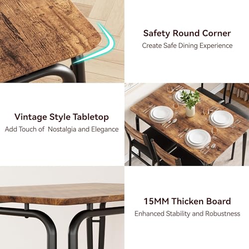 5 Piece Dining Table Set for 4, Compact Square Table Chairs, Sturdy MDF Top, Metal Frame, Space-Saving Breakfast Set for Kitchen, Apartment, Office, Easy Assembly Wipe-Clean