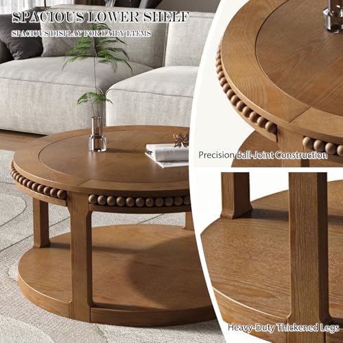 31.5" 2 Tier Round Wood Coffee Table with Open Storage Shelf, Modern Farmhouse Circle Center Table with Delicate Beaded Trim Edges & Sturdy Legs, Wooden Coffee Tables for Living Room, Walnut Brown