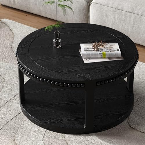 31.5" 2 Tier Round Wood Coffee Table with Open Storage Shelf, Modern Farmhouse Small Circle Center Table with Delicate Beaded Trim Edges & Sturdy Legs, Wooden Coffee Tables for Living Room, Black