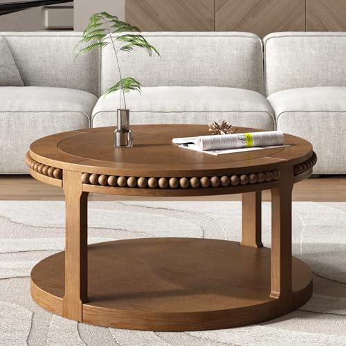 31.5" 2 Tier Round Wood Coffee Table with Open Storage Shelf, Modern Farmhouse Circle Center Table with Delicate Beaded Trim Edges & Sturdy Legs, Wooden Coffee Tables for Living Room, Walnut Brown