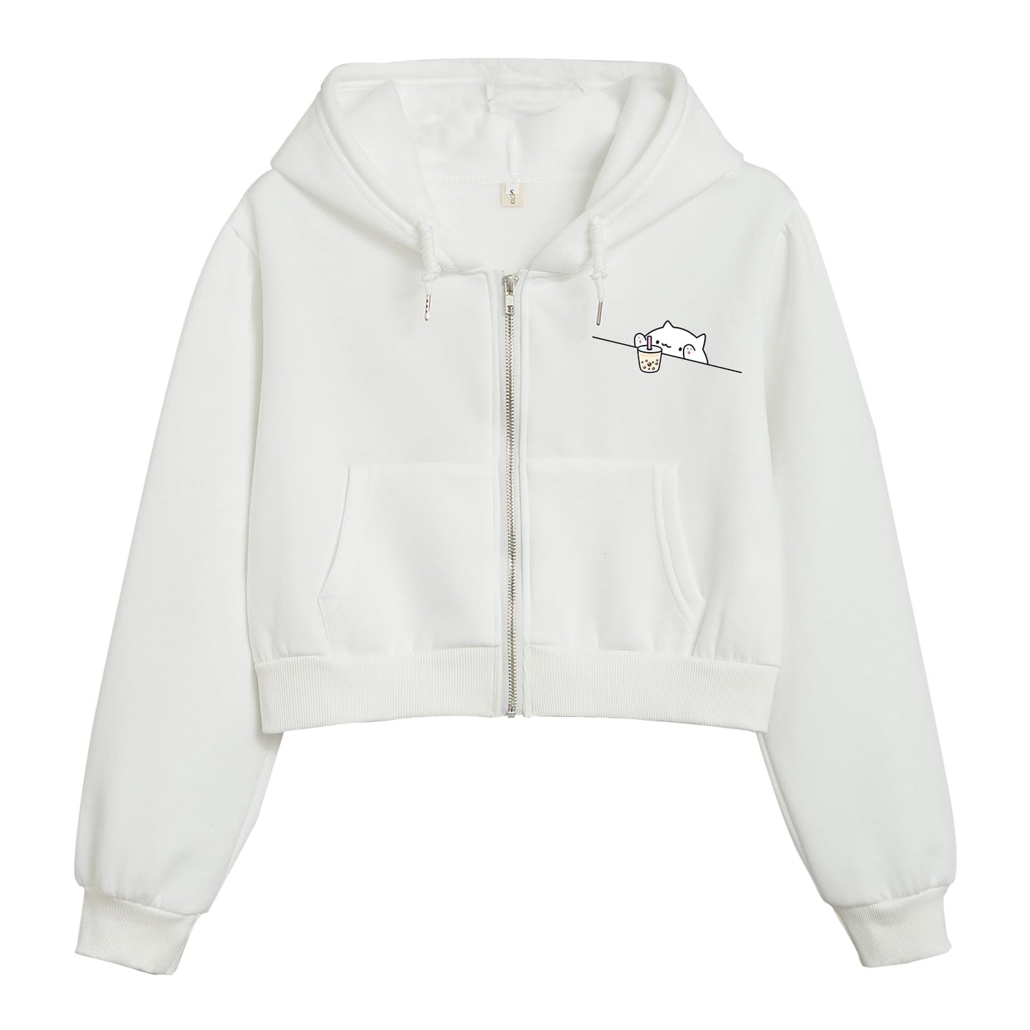 Wrenpies Cute Cropped Zip Up Hoodie for Teen Girls Cartoon Cat Graphic Kawaii Aesthetic Pockets Hooded Sweatshirts Jackets (White,S,Small)