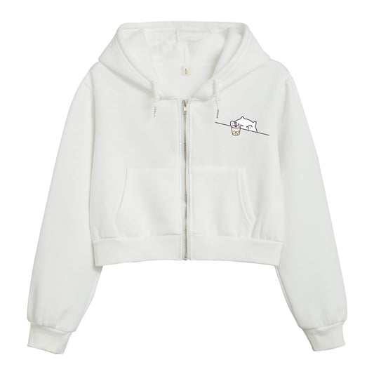 Wrenpies Cute Cropped Zip Up Hoodie for Teen Girls Cartoon Cat Graphic Kawaii Aesthetic Pockets Hooded Sweatshirts Jackets (White,S,Small)