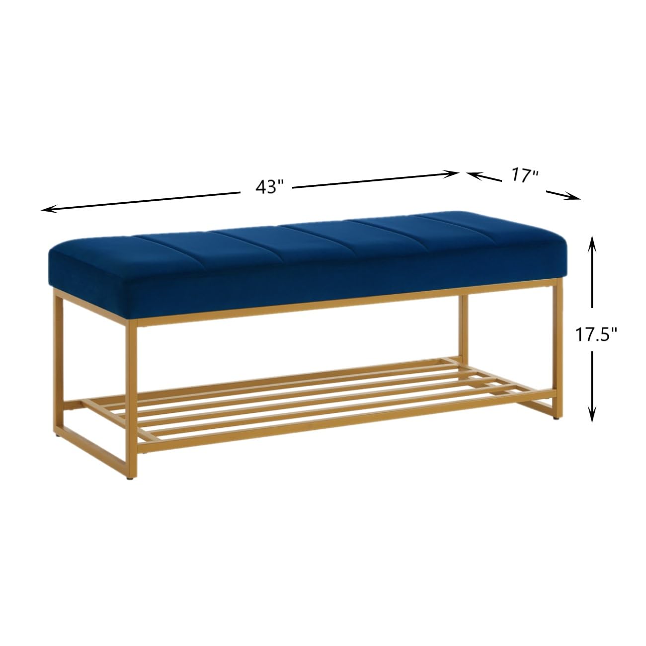 24KF Navy Velvet Upholstered End of Bed Bench with Metal Shelf, Modern Tufted Channel Entryway Bench Footboard Bench for Living Room, Bedroom, Gold Bench,5036-Navy