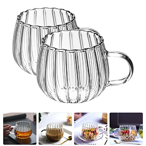 2Pcs Transparent Glass Pumpkin Mugs with Handle, 12oz Heat-Resistant Clear Coffee Tea Milk Cups, Borosilicate Glass Drinking Cups for Home, Office, Microwave Safe