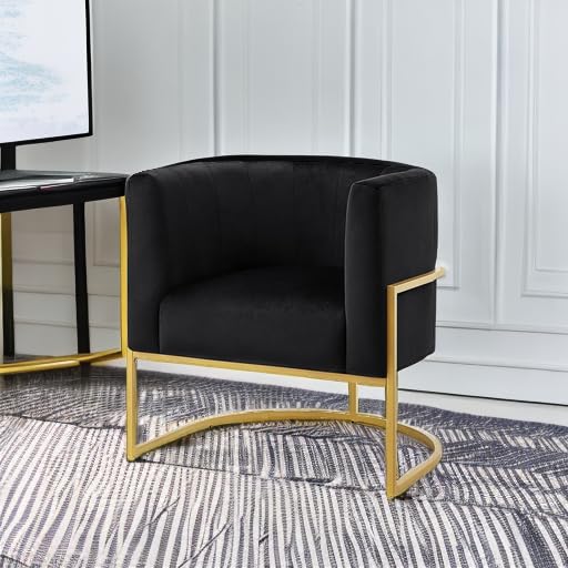 24KF Upholstered Living Room Chairs Modern Black Textured Velvet Accent Chair with Golden Metal Stand-Black