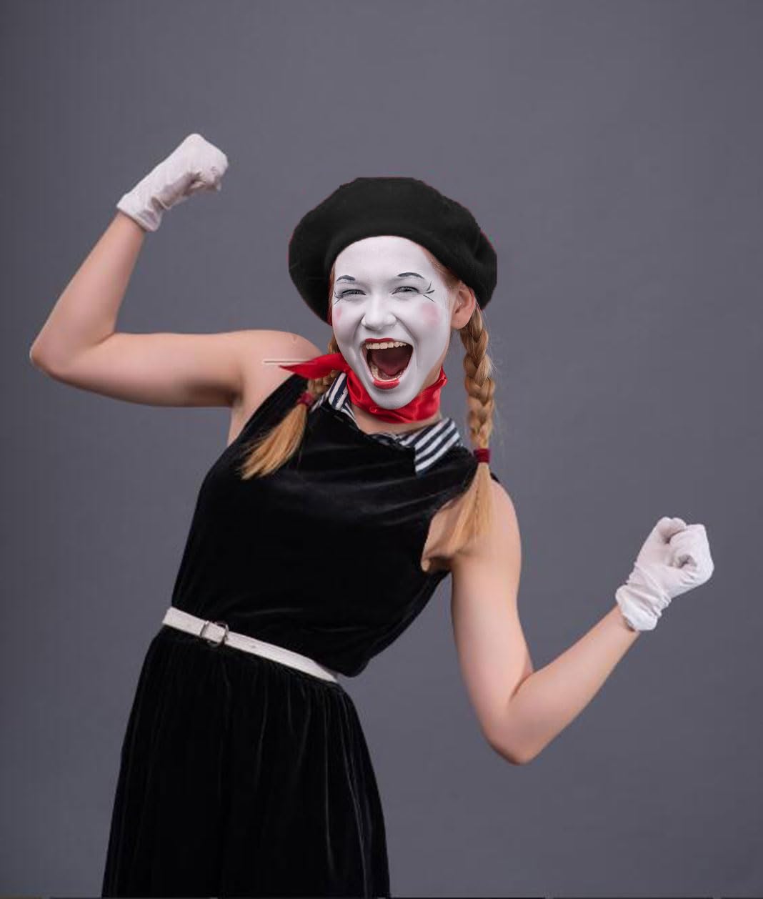 5 Pcs Mime Artist Costume Accessories Set Women French Mime Cosplay Outfit Includes Black Beret Red Suspender Scarf White Gloves and Black White Stripe Socks for Halloween Theme Party Dress up Decor