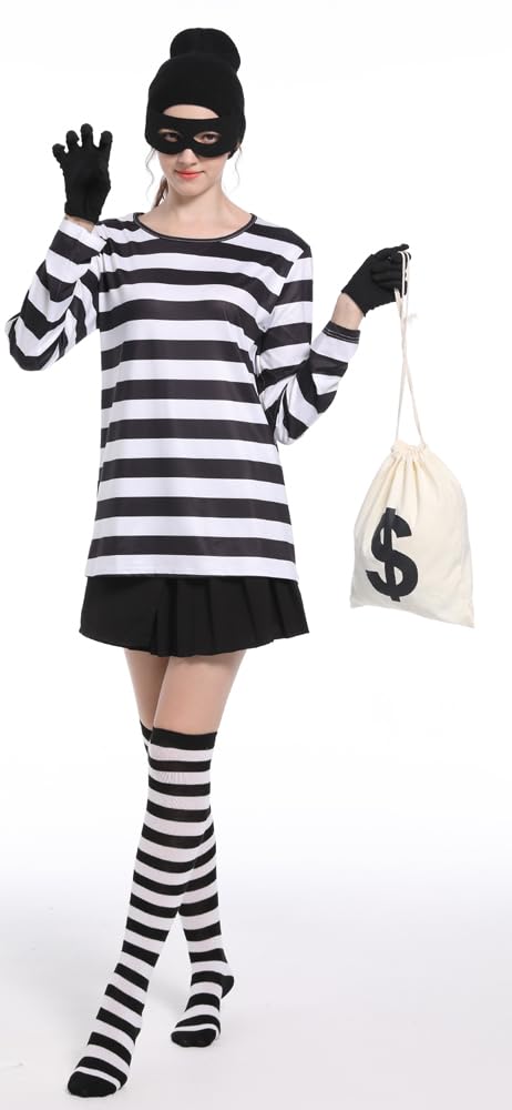Women's Robber Costume Set Halloween Cosplay Costumes Thief Accessories Black and White Striped T-shirt (L)