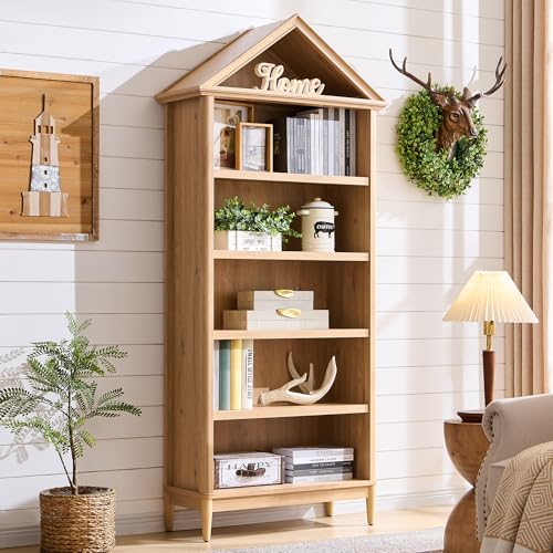 75.9" Tall Angled Arch Bookshelf, 5 Tiers Geometric Large Bookcase with Storage, Modern Triangular Top with Adjustable Shelves, Wood Cabinet w/Open Display Shelves for Living Room, Office Natural