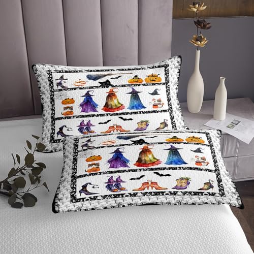 Witch Pumpkin Lantern Bedspread Queen Size Bedding for Teens Living Room Happy Halloween Decor Coverlet Set Gothic Style Cartoon Quilt Set for All Season,3 Pcs with 2 Pillowcases