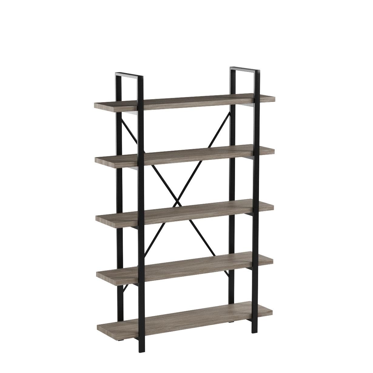 45MinST 5-Tier Vintage Industrial Style Bookcase/Metal and Wood Bookshelf Furniture for Collection, Gray Oak, 3/4/5 Tier (5-Tier)