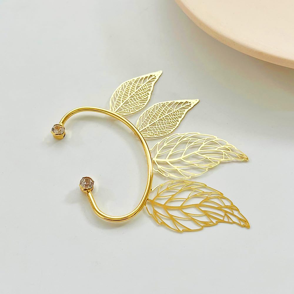 2Pcs Rhinestone Leaf Climbers Crawl Ear Clip Earrings Crystal Left Ear Cuff Wrap Clip Earring Jewelry for Women Party Accessories (Gold)