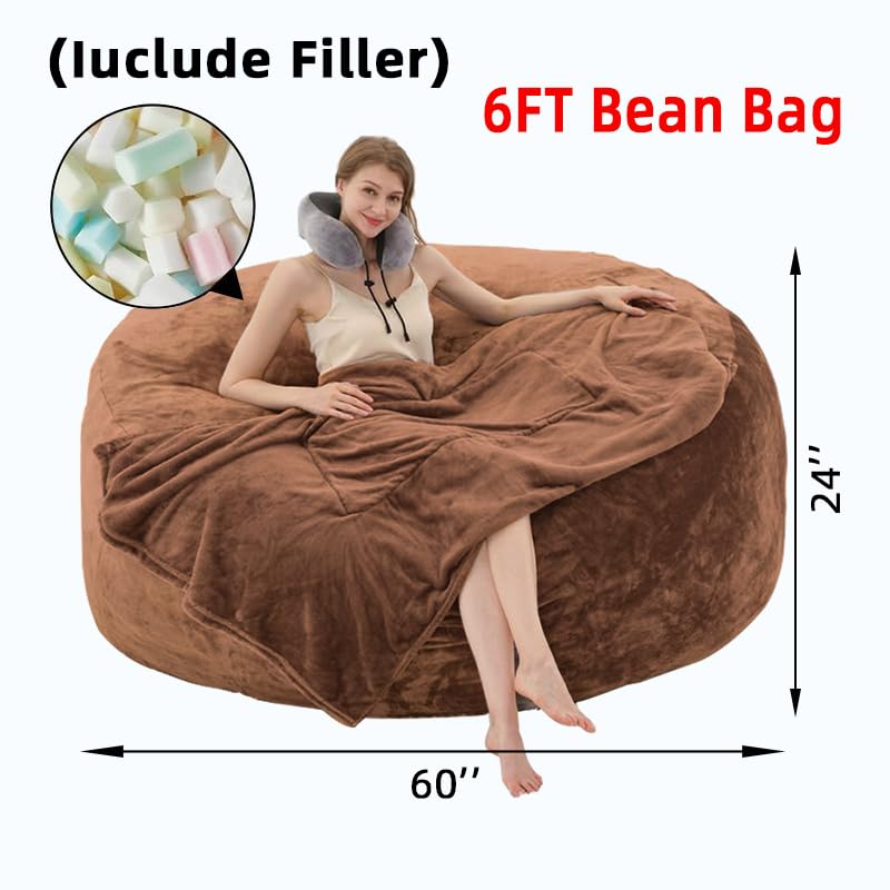6FT Giant Bean Bag Chairs for Adults，Bean Bag Chair with Filler Included，Puff Chair，Memory Foam Chair，Living Room Furniture, Suitable for Indoor Balcony Games and Leisure Chairs (Coffee Colour, 6FT)