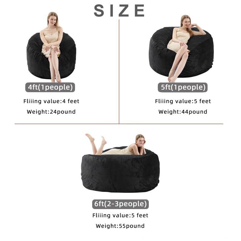 6FT Bean Bag Chairs for Adults，beanbag Chair with Filler，Memory Foam Chair，Extra Large Bean Bag，Leisure Reading Chair Suitable for Living Room, Bedroom and Dormitory. (Black, 6FT)