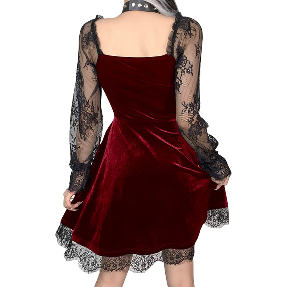 Women Gothic Lolita Dress Black Vintage Grunge Lace Velvet Cocktail Party Swing Dress Mesh Long Sleeve Steampunk Punk Mall Goth Dress Patchwork Sexy Romantic Aesthetic Alt Harajuku Dress Burgundy L