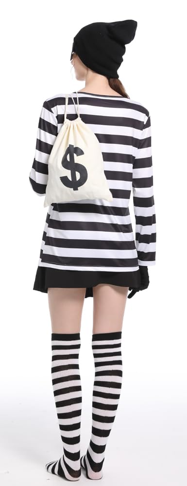 Women's Robber Costume Set Halloween Cosplay Costumes Thief Accessories Black and White Striped T-shirt (L)