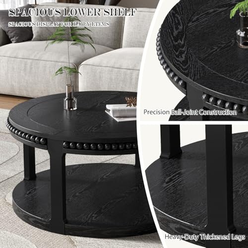 31.5" 2 Tier Round Wood Coffee Table with Open Storage Shelf, Modern Farmhouse Small Circle Center Table with Delicate Beaded Trim Edges & Sturdy Legs, Wooden Coffee Tables for Living Room, Black