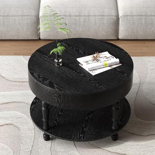31.5" Round Wood Coffee Table with Hidden Storage, 2 Tier Modern Farmhouse Coffee Table with Open Bottom Shelf & Sturdy Carved legs, Rustic Circle Wooden Coffee Center Tea Table for Living Room, Black
