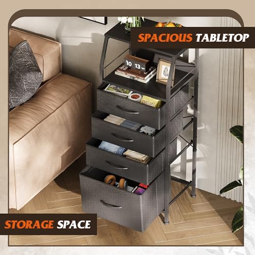 WLIVE Tall Nightstand with 4 Fabric Drawers & Open Shelf, Bedside Table for Bedroom, Modern Tall Dresser, Classic Black