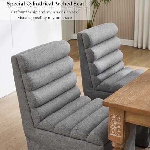 Ya-Home Modern Sipcovered Dining Chairs Set of 2, Mid Century Linen Fabric Upholstered Skirted Accent Chairs with Cylindrical Seat Solid Wooden Legs for Dining Room/Living Room/Kitchen, Grey