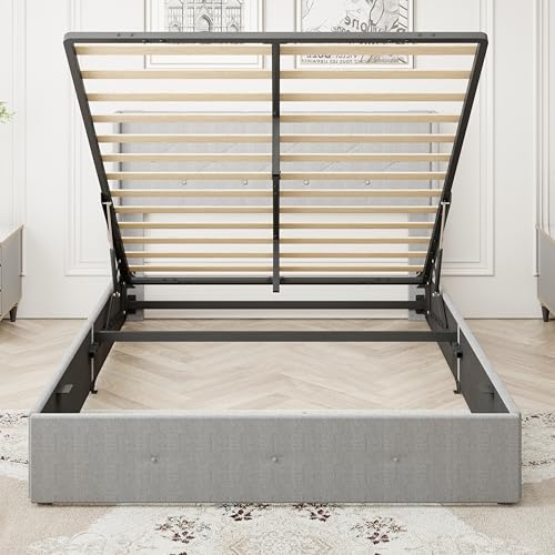 Viskmdi Queen Size Bed Frame with Lift Up Storage and Modern Wingback Headboard, Light Gray