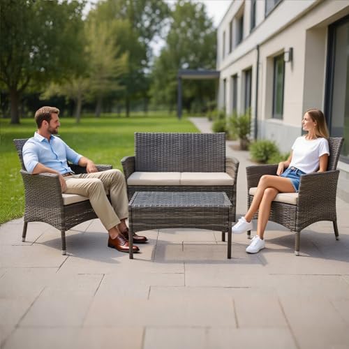 4-Piece Balcony Furniture Set, Outdoor Wicker Furniture with Coffee Table, Modern Wicker Chair Guest Set, Outdoor Seating, Highly Weather-Resistant, Suitable for Balconies, Gardens, and lawns.